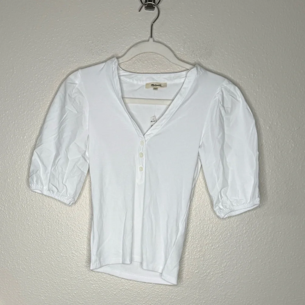 MADEWELL V-Neck Puff Sleeved Mixy Top Blouse NWT XXS Classic White